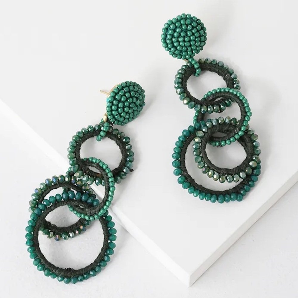 NWT Lulus Green Circe Round Hoop Dangly Beaded Earrings